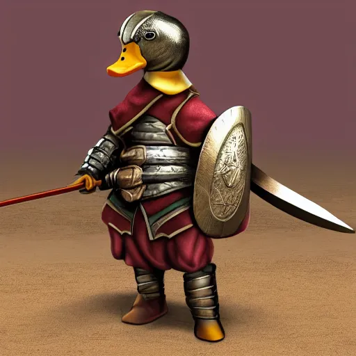 Image similar to duck medieval warrior with sword and armor. hyper realistic render