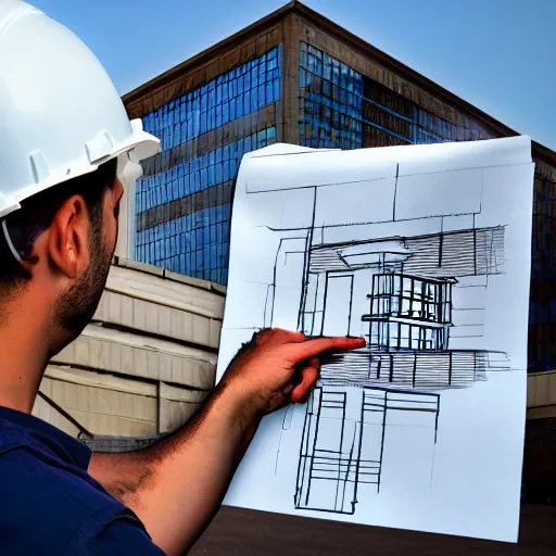 Prompt: civil engineer in front of building under construction, hand drawn, sketch