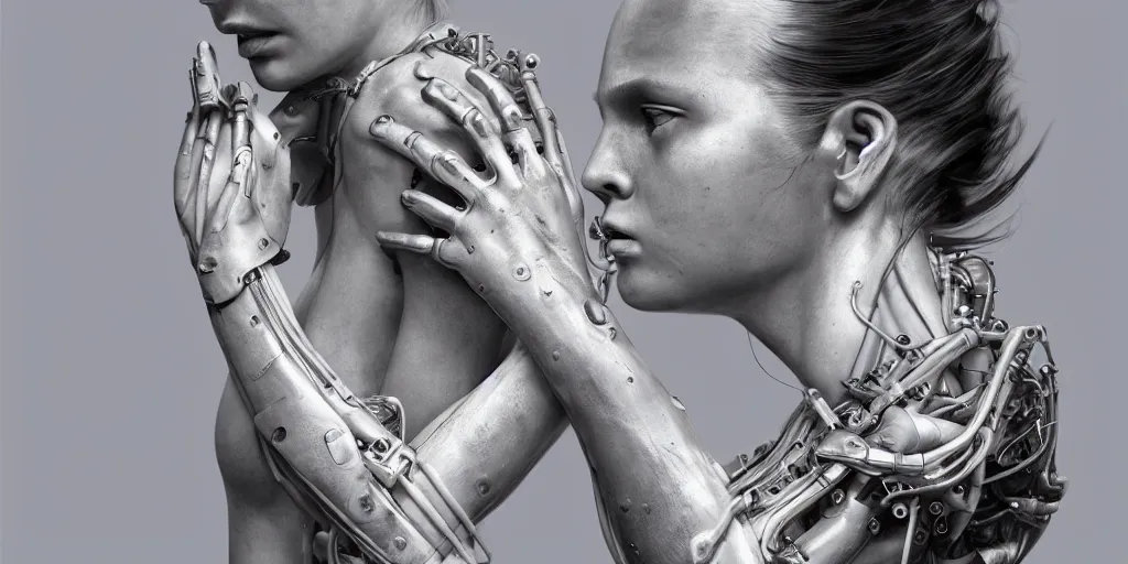 Image similar to hyperrealistic photography of a stunningly beautiful cyborg female, mechanical elbow, plated arm, intimate, holding hands, in the style of beth cavener, jin kagetsu,, and wlop, highly detailed, intricate, face symmetry, masterpiece, award - winning, sharp focus, concept art, high key, ambient lighting, 8 k, artstation