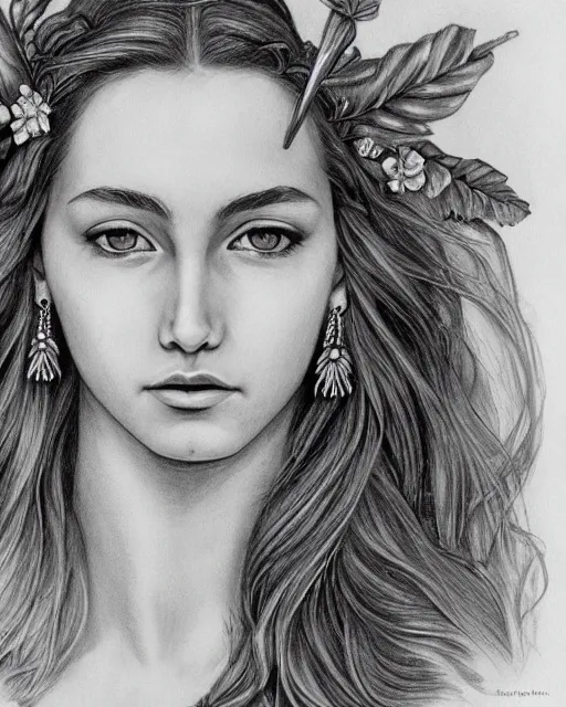 Prompt: pencil drawing of a beautiful greek goddess aphrodite wearing a laurel wreath and arrowhead earrings, beautiful and confident eyes, beautiful flowing hair, hyper realistic face, fantasy, amazing detail, epic, elegant, smooth, sharp focus, from the front, long shot