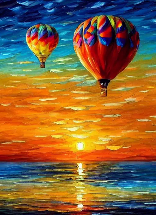 Prompt: beautiful hot air balloons over the ocean at sunset in the style of leonid afremov