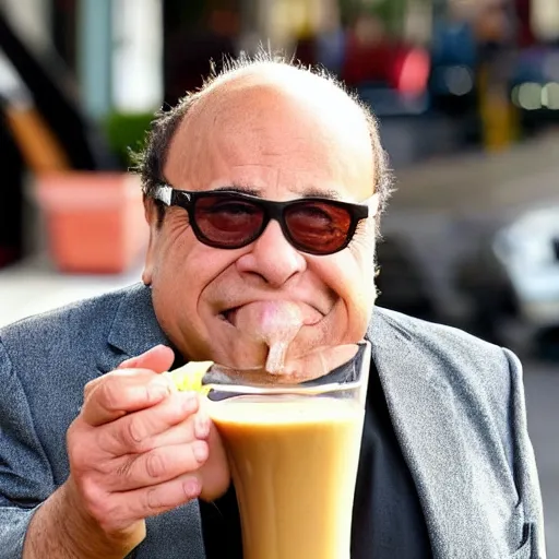 Prompt: Danny Devito drinking a smoothee