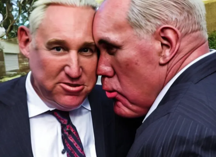 Image similar to highly detailed ultra realistic gopro shot of alex jones smooching roger stone