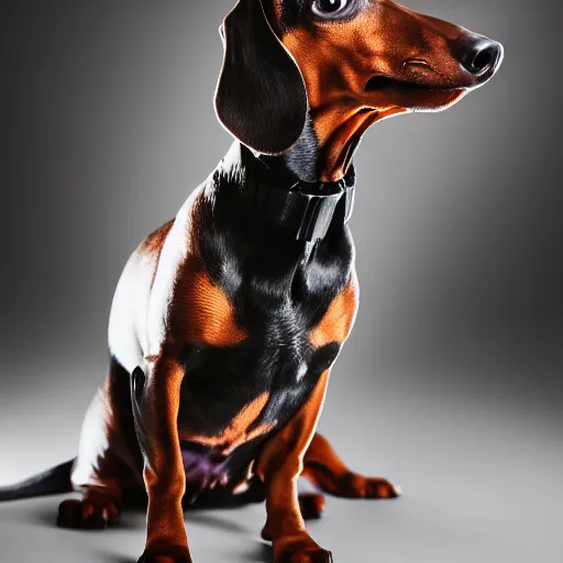 Image similar to dachshund flexing biceps, photography, studio lighting