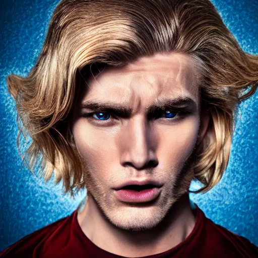 Image similar to portrait of a blonde masculine man two sides hair and thin face lines, he is angry, he wears a blue costume, with golden eagles head on the shoulders in shoulder pads, 8 k, hyper realistic, movie imax shot, film, cinematography, red