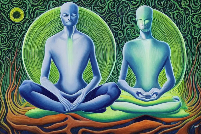 Image similar to painting of a tranquil alien meditating under a tree by alex grey, acrylic art, ethereal, soothing, somber, elegant, soft light,