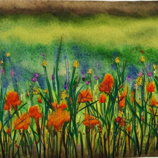 Prompt: Wildflowers, grassy field, autumn rhythm, watercolor