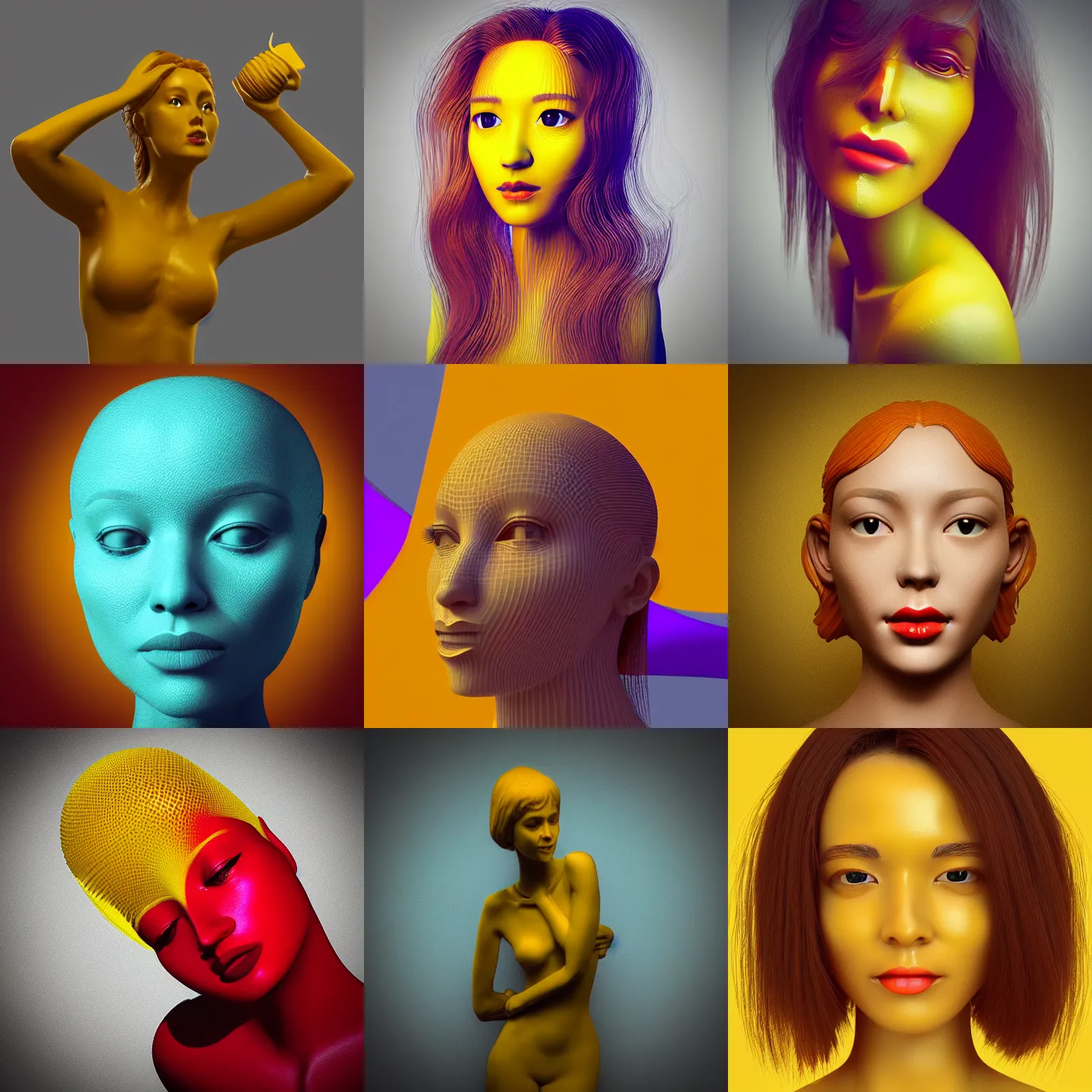 Prompt: “a beautiful woman made out of yellow honey, 3D render blender, bright colorful”