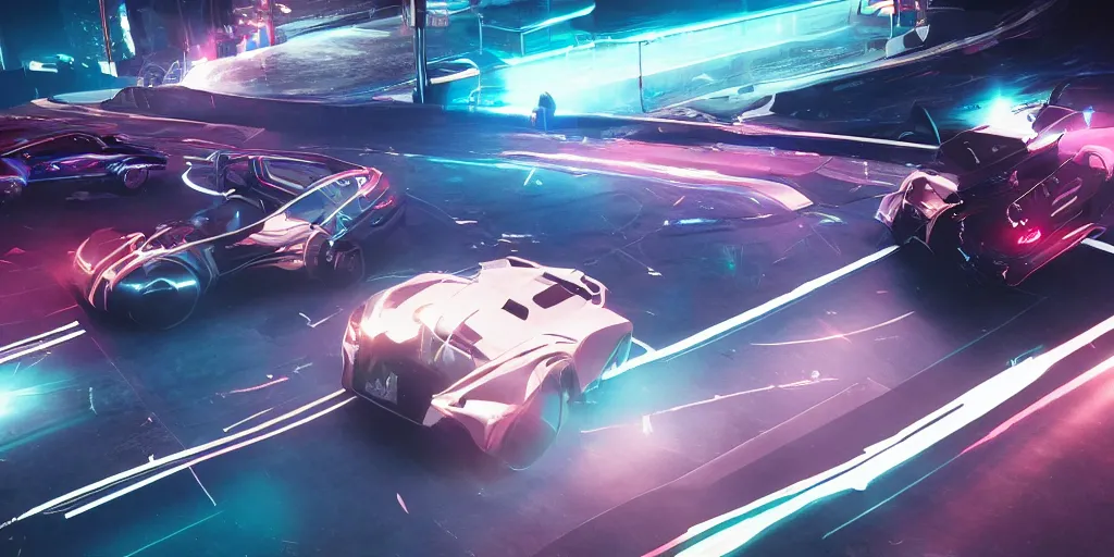 Image similar to quantum entanglement的synthwave sports car ,by Austin English ,cinema lighting,A bird's-eye view,camera view from above ,Game scene graph , very high detailed Unreal engine