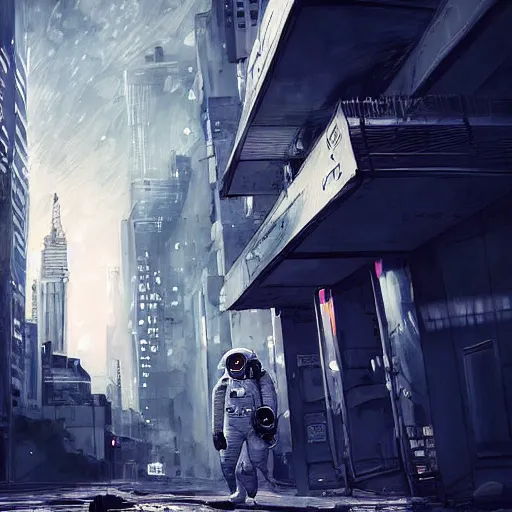 Prompt: an astronaut wanders the empty streets of the big city, digital art, epic composition, highly detailed, cinematic lighting