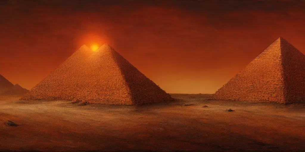 Image similar to an oil painting of a pyramid in in a post apocalyptic desert and a dark red sun, fantasy,hyper realistic, atmospheric lighting, cinematic, 8k,