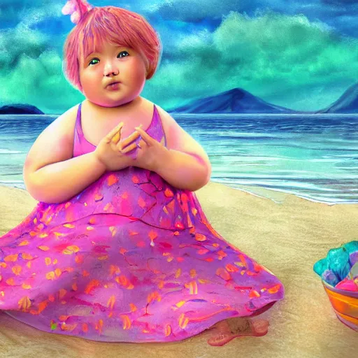 Image similar to spectacular scene of a little fat sweet girl with flowery dress, sitting on the sand, with a colorful fish, by the stormy lake. clear beautiful fat face. morning time. an amazingly beautiful scene. beautiful lighting, 4 k post - processing, trending in art station, cg society, highly detailed, 5 k extremely detailed, 3 d. stylize scene.