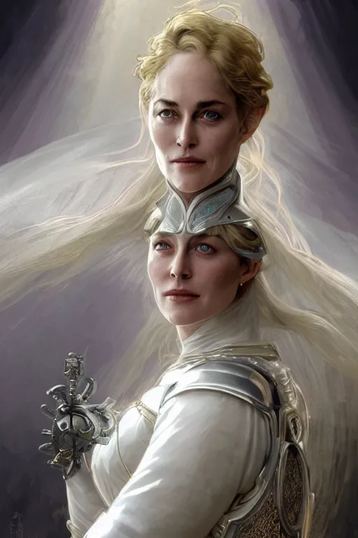 Prompt: beautiful and victorian and holy and divine and elite young medieval Sharon Stone in white armor knight portrait +shiny eyes+front face with light flowing hair, ultradetail face, art and illustration by tian zi and craig mullins and WLOP and alphonse mucha, fantasy, intricate complexity, human structure, human anatomy, fantasy character concept, watermark, blurry, hyperrealism 8k