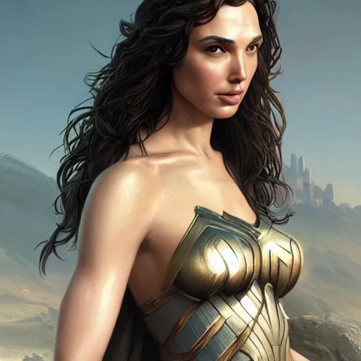 Image similar to painting of gal gadot, bikini armor, ultra realistic, concept art, intricate details, eerie, highly detailed, photorealistic, octane render, 8 k, unreal engine, art by artgerm and greg rutkowski and alphonse mucha