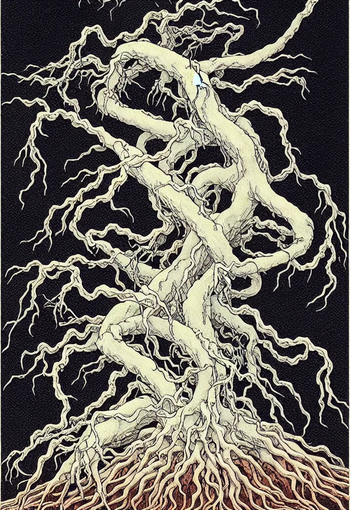 Image similar to prompt: magical white skeleton Bonsai tree squid creature roots merging into big moon drawn by Takato Yamamoto, bonsai skeleton, veins and organts attached to tree roots, alchemical objects inspired by 1980's sci-ci, intricate oil painting detail, manga 1980