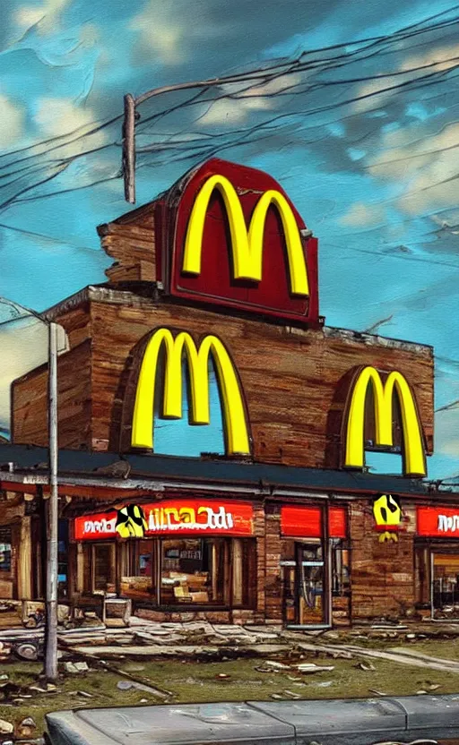 Prompt: amazing intricate painting of mcdonalds in an apocalypse. hd. hq. very detailed.