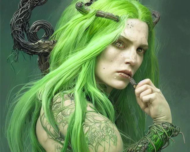 Image similar to portrait of a swamp witch, green skin, green hair, holding a caduceus staff, messy hair, d & d, fantasy, intricate, elegant, highly detailed, digital painting, artstation, concept art, matte, sharp, illustration, hearthstone, art by artgerm and greg rutkowski and alphonse mucha