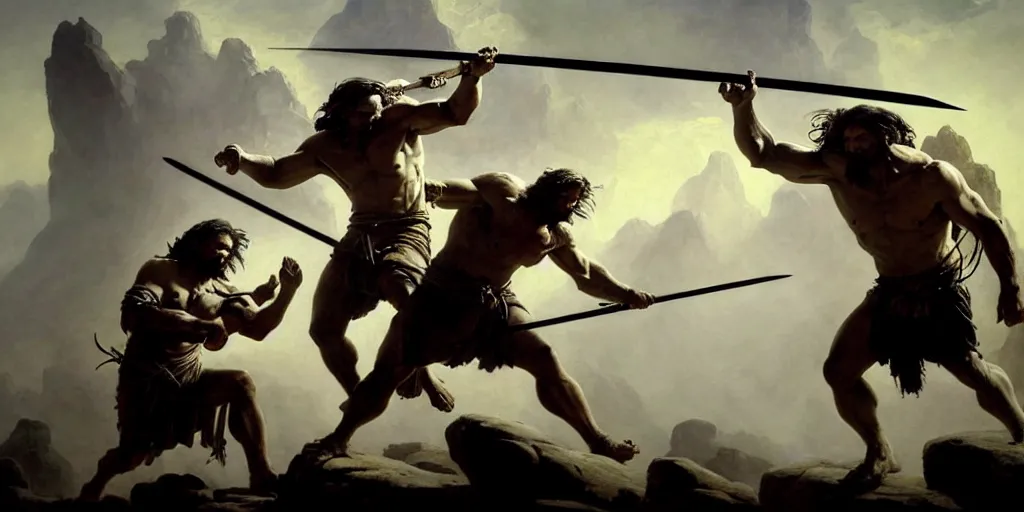 Prompt: realistic painting of biblical Cain with a spear fighting Abel with a scythe, a stone altar with white smoke ascending in the background, masculine and rugged, inspired art by Frazetta + facial symmetry + dramatic volumetric lighting, well lit, 8k octane render, intricate, epic composition, grim yet sparkling atmosphere, cinematic lighting + masterpiece, trending on artstation, very detailed, masterpiece, stunning