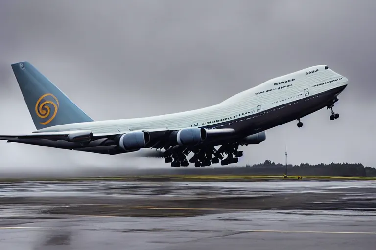 Image similar to detailed photo of a boeing 7 4 7 landing at a 4 5 degree angle, on a runway in heavy rain and wind, photo from a spectator, 8 k, natural lighting