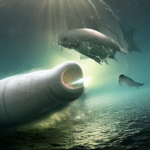 Image similar to photo by national geographic, a small submersible submarine being chased by a gigantic megaladon, 4 d, 4 k, volumetric lighting, photorealistic, light ray, hyperdetailed