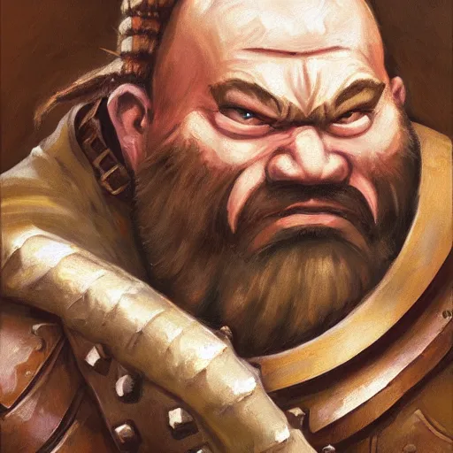 Prompt: A dwarven warrior holding his weapon backwards while crockeyed with a furrowed brow, oil painting, portrait, d&d, armored