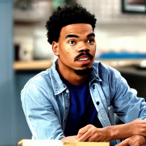 Prompt: a tv still of Chance The Rapper starring as a college student in a 1990 tv sitcom, 40mm lens