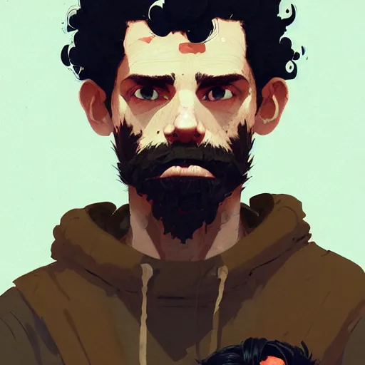 Prompt: highly detailed portrait of a sewer punk guy worker, thirties, black hair, brown eyes, tartan hoody, short curly hair by atey ghailan, by greg rutkowski, by greg tocchini, by james gilleard, by joe fenton, by kaethe butcher, gradient blue, brown, light blue and white color scheme,