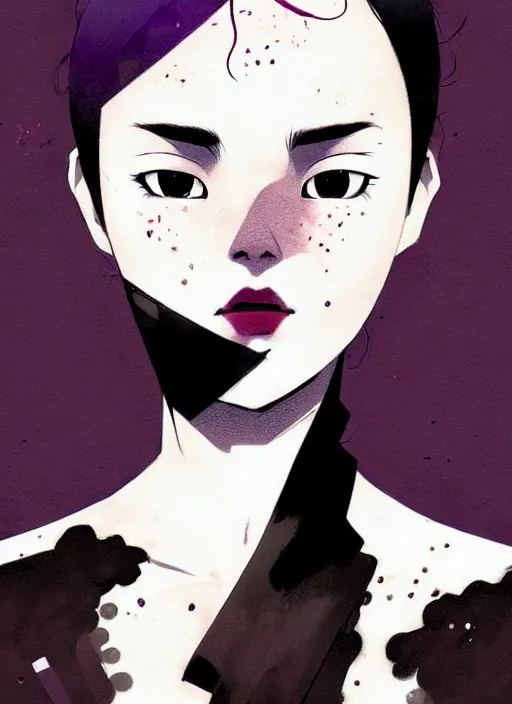 Image similar to highly detailed closeup portrait of cool black hair short, cinnamon skin teen, korean, black suit by atey ghailan, by greg rutkowski, by greg tocchini, by james gilleard, by joe fenton, by kaethe butcher, gradient dark purple, black and white color scheme, grunge aesthetic!!! ( ( graffiti tag wall background ) )