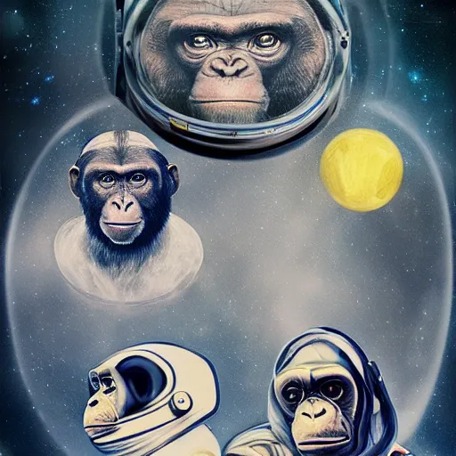 Image similar to double exposure portrait of one humanastronaut and one other chimpanzee astronaut with space and time in the the background by davinci, circles, psychedelic, pencil art, high definition, dynamic lighting stars, sharpness, golden ratio