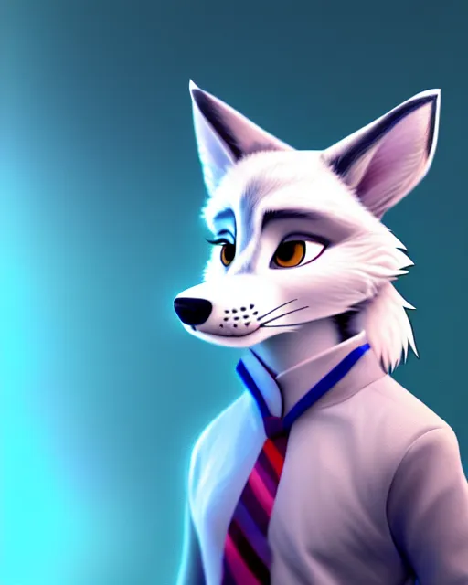 Prompt: portrait of cute male anthropomorphic white wolf in the style of zootopia in cyberpunk city, volumetric light, artstation, concept art, 8 k, high detail, perfect