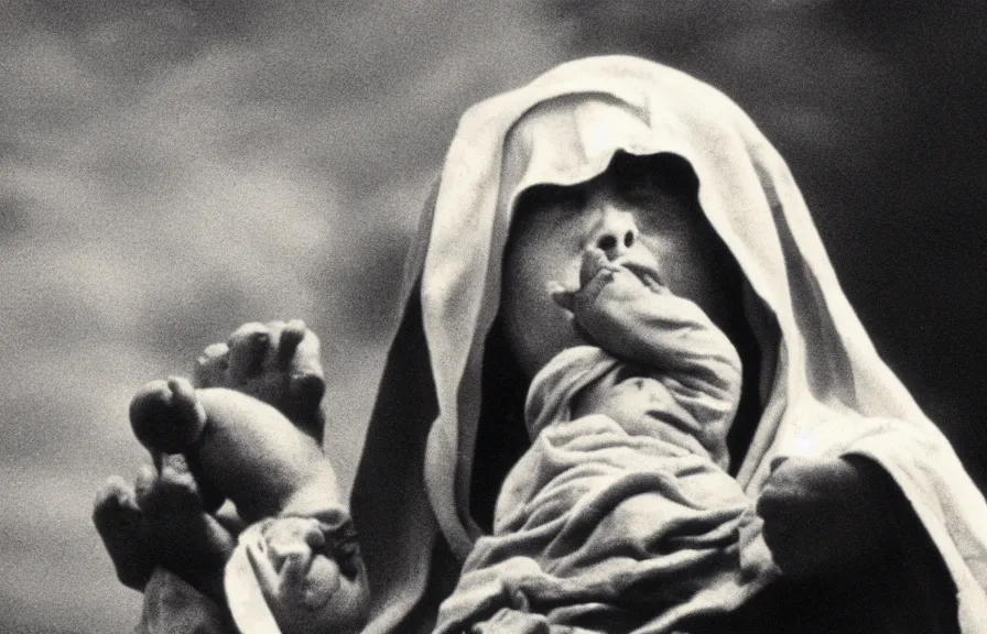 Image similar to mother mary crying blood tears, blue sky in background, 60mm grainy vintage photograph