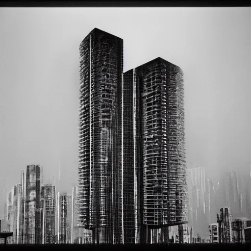 Image similar to 60s movie still of a cyberpunk city made of speakers by Irving Penn, Cinestill 800t 35mm black and white, heavy grainy picture, very detailed, high quality, 4k, HD criterion, dramatic lightning, precise texture, gettyimages