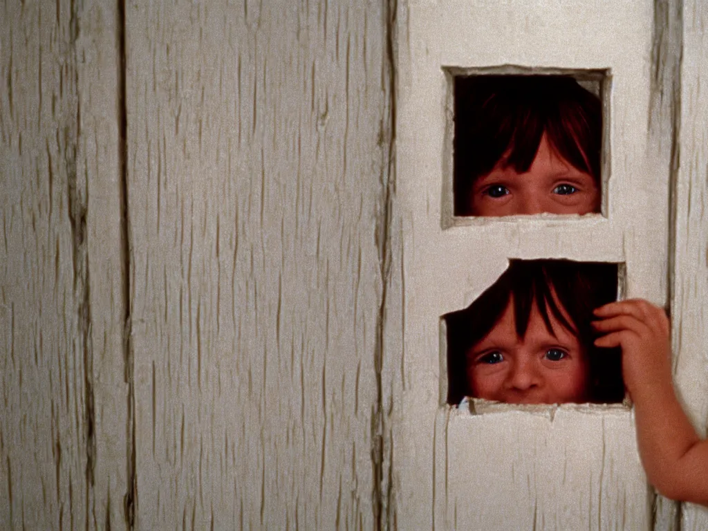 Prompt: little kid trying to see through a vertical crack on a white wooden door and grinning maniacally, a film still from the 1980 movie the shining, 4k, grainy, portrait, highly detailed, close-up, ARRIFLEX 35 BL