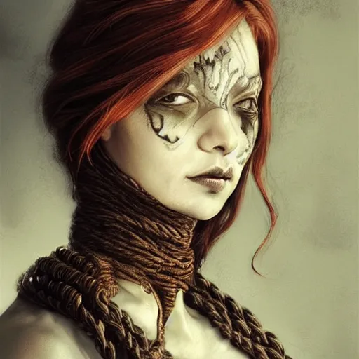 Image similar to portrait of a Shibari rope wrapped face and neck, headshot, insanely nice professional hair style, dramatic hair color, digital painting, of a old 15th century, old cyborg merchant, amber jewels, baroque, ornate clothing, scifi, realistic, hyperdetailed, chiaroscuro, concept art, art by Franz Hals and Jon Foster and Ayami Kojima and Amano and Karol Bak,