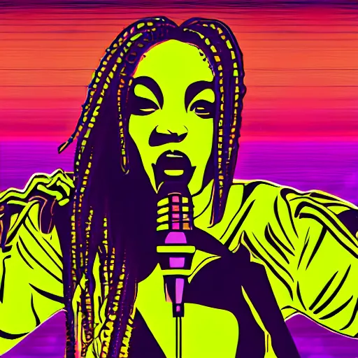 Image similar to beautiful black woman rapping into microphone, wild crowd, hip hop vaporwave, abstract background, neon, photo, detailed, 4k