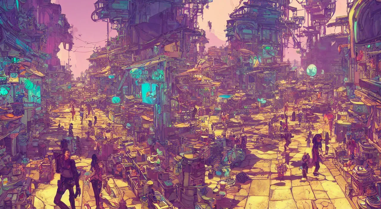 Image similar to bazaar zouk oriantal full color sky shine place mosquet painting stylized digital illustration video game icon global illumination ray tracing that looks like it is from borderlands and by feng zhu and loish and laurie greasley, victo ngai, andreas rocha, john harris