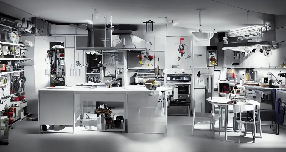 Image similar to IKEA catalogue photo of a cyberpunk kitchen on a spaceship, by Takashi Murakami