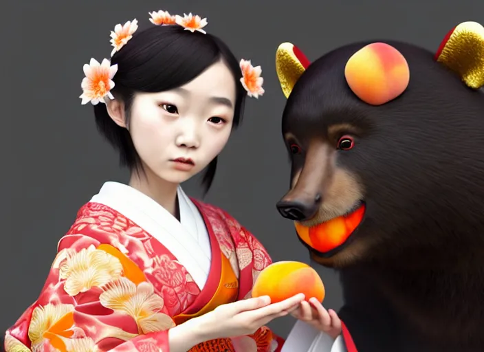 Image similar to a girl wearing a kimono giving a peach to a large anthropomorphic asian black bear, featured in artstation, artgerm, octane render, award winning, cinematic, elegant, intricate, 8 k, in the style of heikala and timothy kong and laia lopez and viorie,