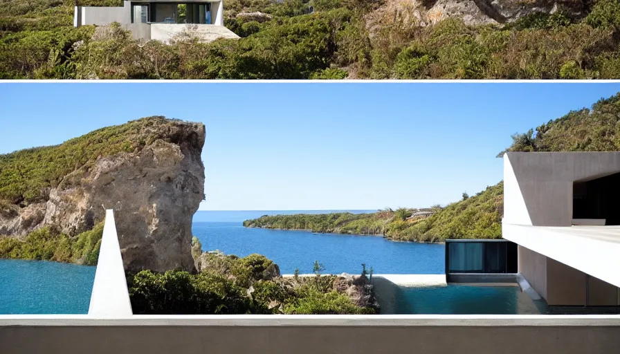 Image similar to modern house perched on a cliff overlooking a magnificient bay, drawing architecture, pritzker architecture prize, greig fraser