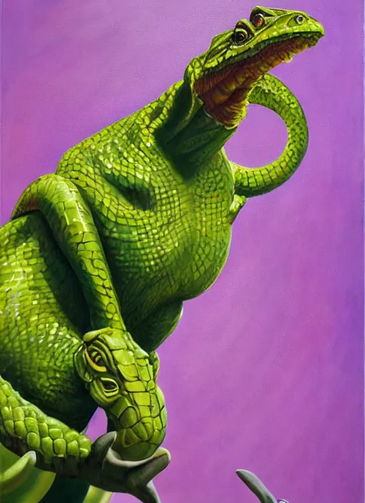 Image similar to oil painting portrait of a cowboy lizard person, a gorn from star trek, a snake oil salesman wearing a blonde wig in a movie poster for a movie called gorn on the bull horn girl, purple green color scheme