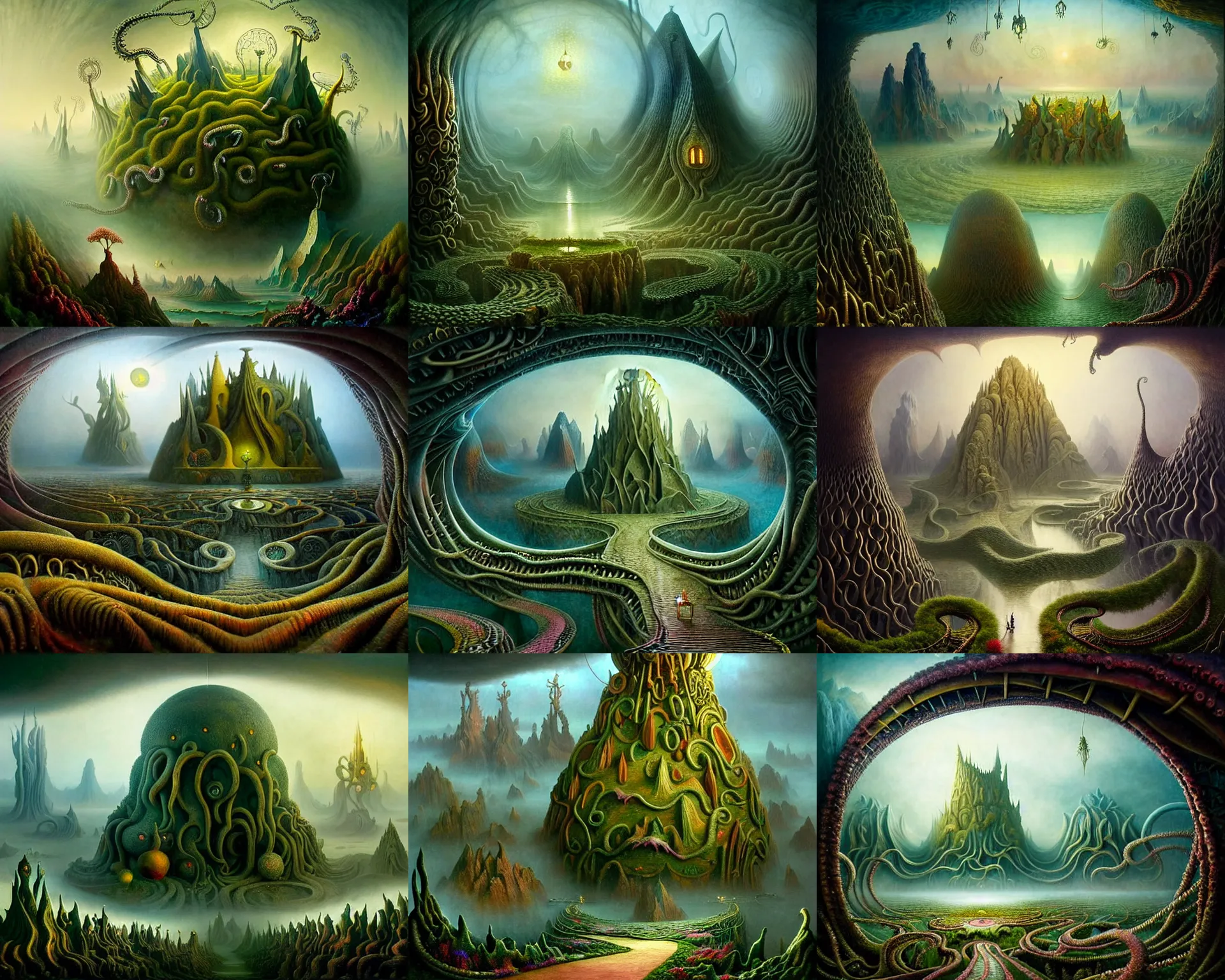 Prompt: a beguiling epic stunning beautiful and insanely detailed matte painting of the impossible winding path into lovecraftian dream worlds with surreal architecture designed by Heironymous Bosch, mega structures inspired by Heironymous Bosch's Garden of Earthly Delights, vast surreal landscape and horizon by Mike Azevedo, masterpiece!!!, grand!, imaginative!!!, whimsical!! intricate details, sense of awe, elite, wonder, insanely complex, masterful composition!!!, sharp focus, protagonist in foreground, fantasy realism, dramatic lighting