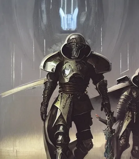 Image similar to Knights Templar wearing sci-fi destiny video game armor concept art, muted colors, intricate painting, by John Harris, Emil Melmoth, Craig Mullins, yoji shinkawa, artstation, moebius comic, Marc Simonetti, lan McQue, Kentaro, Miura, hyper detailed, cinematic