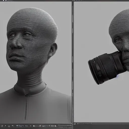 Prompt: a man with a camera attached to his head, a computer rendering by pascal blanche, featured on zbrush central, les automatistes, 8 k 3 d, dslr camera, rendered in cinema 4 d