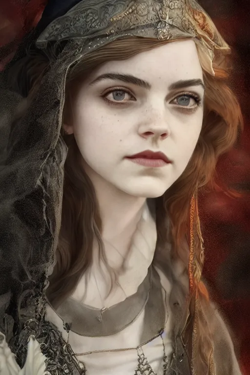 Image similar to a mix of of emma watson, anya taylor - joy and emma stone, evil sorceress witch, victorian manor house, hyperrealism, octane render, extremely detailed, intricate smoke magic, lace, style of mark ryden, earl nore, hyung tae, frank frazetta