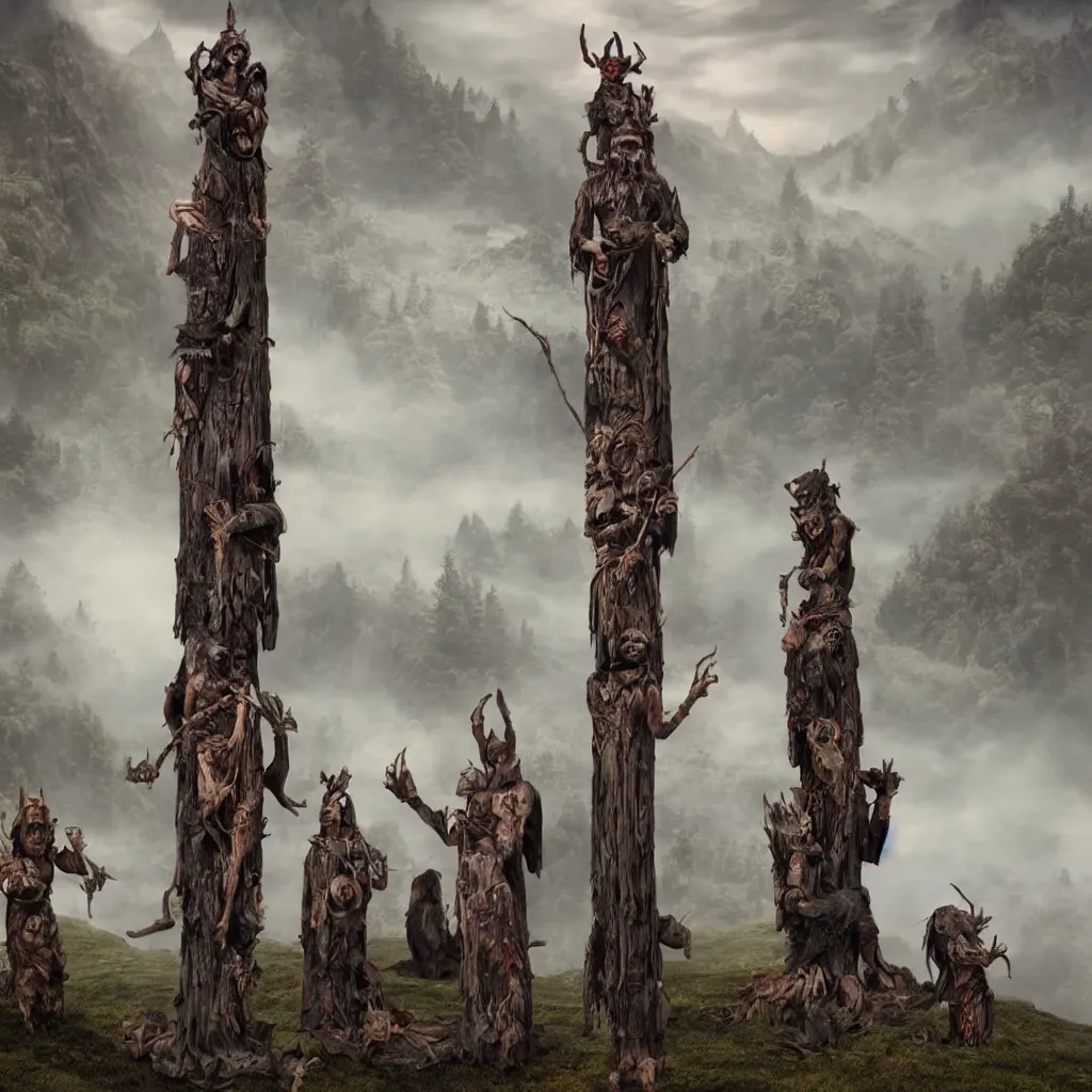 Prompt: evil druids performing a ritual around a wooden totem of man, on a hill, a detailed matte painting, fantasy, foggy