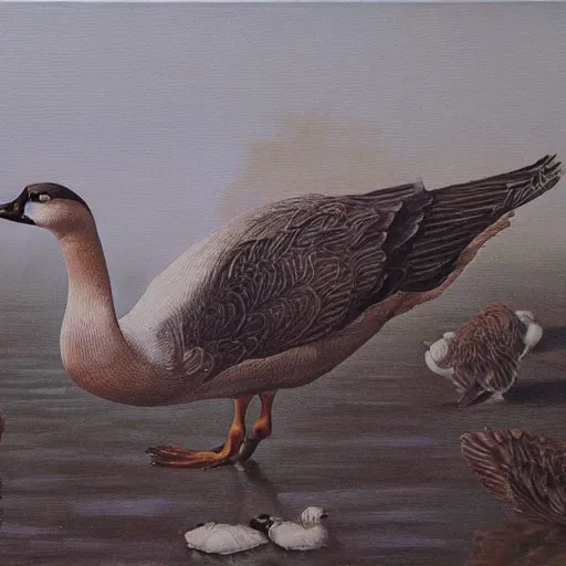 Image similar to oil painting of a goose with dozens of eyes all over its body