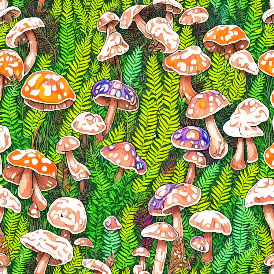 Image similar to plethora of mushrooms and mycelium, vivid natural color hues and natural surroundings, colorful painted patterns and motifs on mushrooms, leaves and ferns, seamless fabric pattern 8K, highly detailed.
