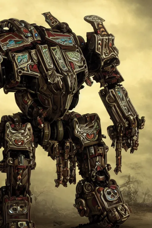 Image similar to cinematic still in mech - warrior - 5, intricate ornate humanoid mecha warrior,