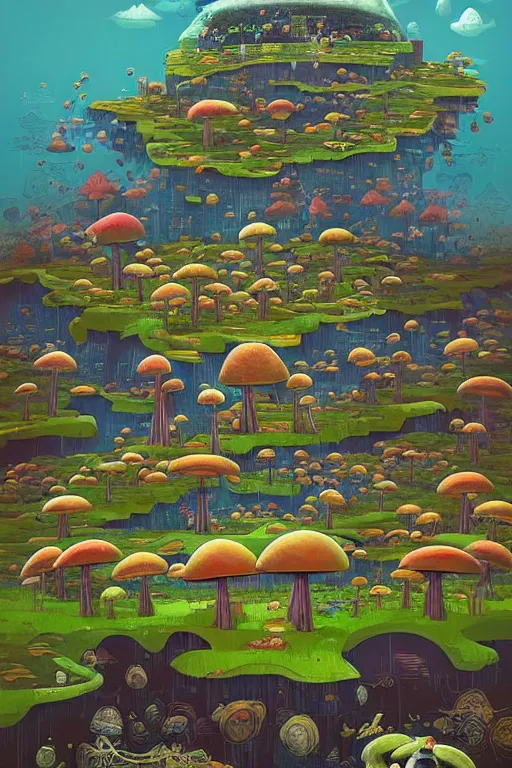 Image similar to surreal mushroom kingdom, floating island in the sky, waterpipes in the ground, summer morning, very coherent and colorful high contrast, art by!!!! gediminas pranckevicius!!!!, geof darrow, dark shadows, hard lighting