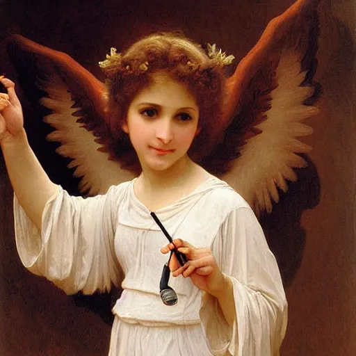 Prompt: an oil painting of an angel singing holding microphone on one hand, by Bouguereau, highly detailed and intricate,